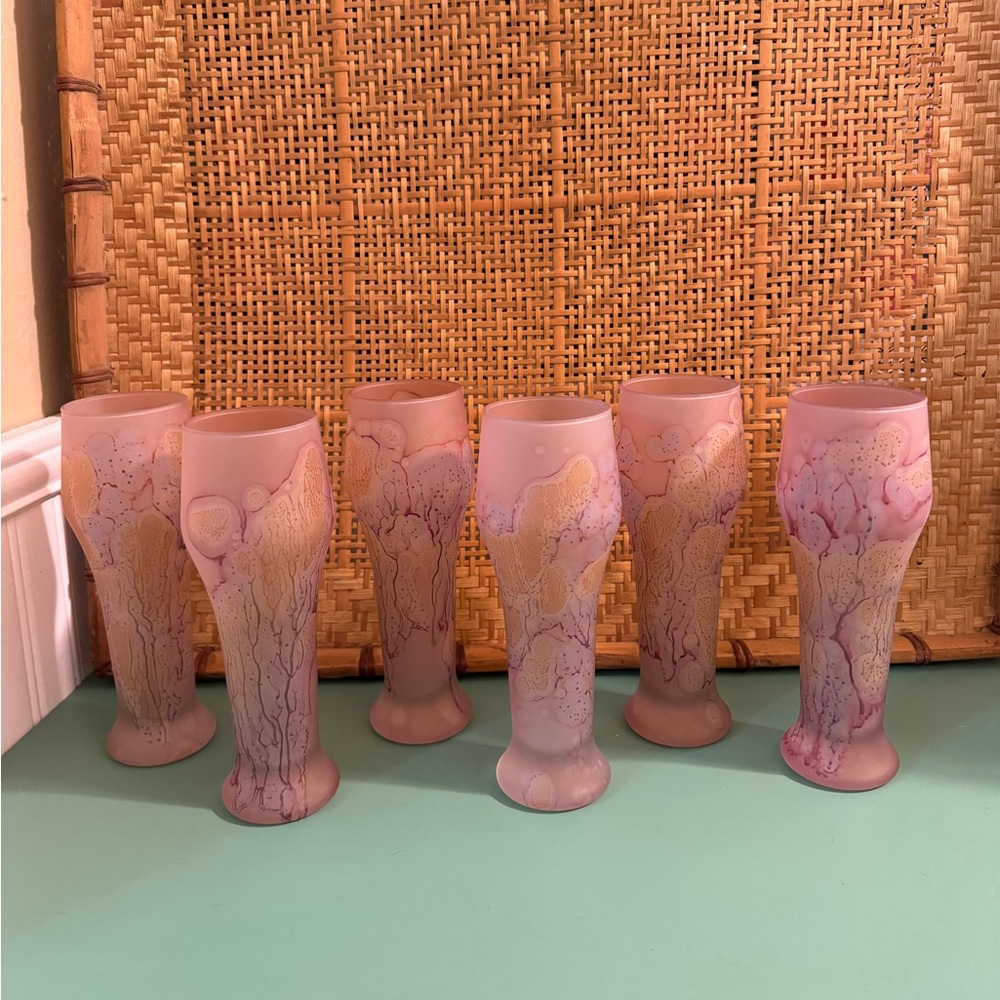 VINTAGE SET OF 6 RUEVEN FROSTED ART GLASS SMALL PILSNER GLASSES